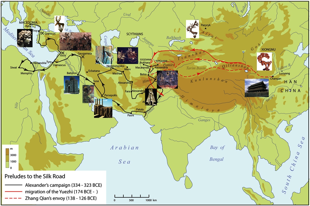 The routes of Alexander the Great and Zhang Qian. Bactria in now northern Afghan.jpg