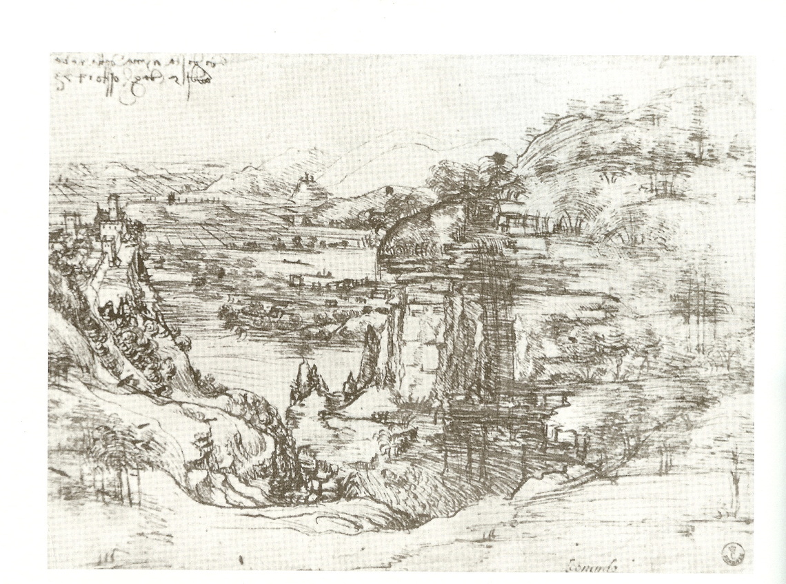 One of da Vinci's first known drawings of the Tuscan landscape. Taken from .jpg