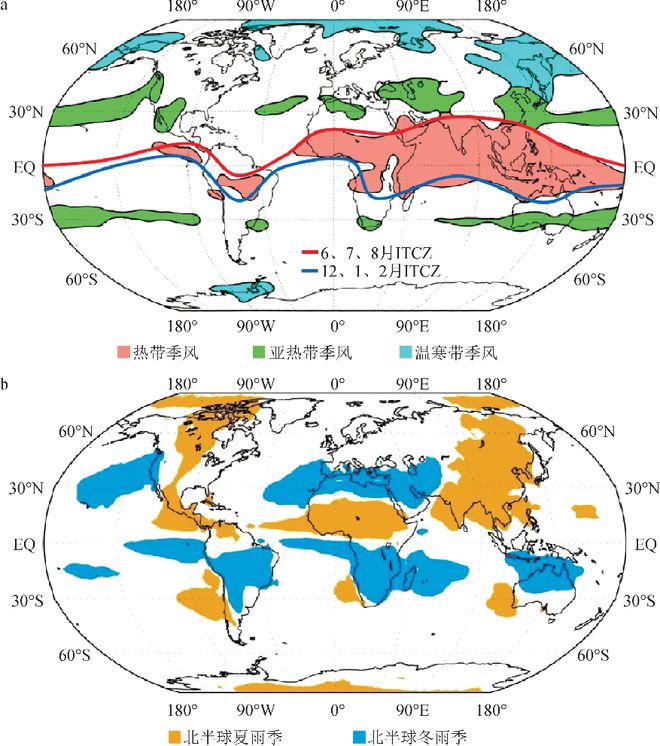 图4 (a) 全球地表季风系统的地理分布。.jpg