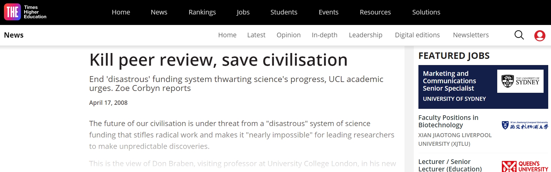 2008-04-17 Kill peer review, save civilisation   Times Higher Education.jpg