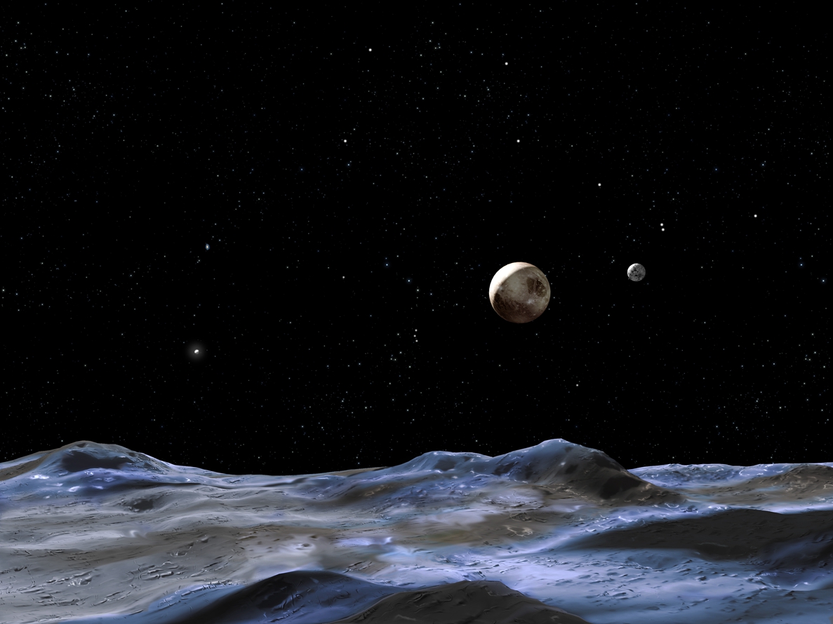 The artist's concept above shows the Pluto system from the surface of one 小.jpg