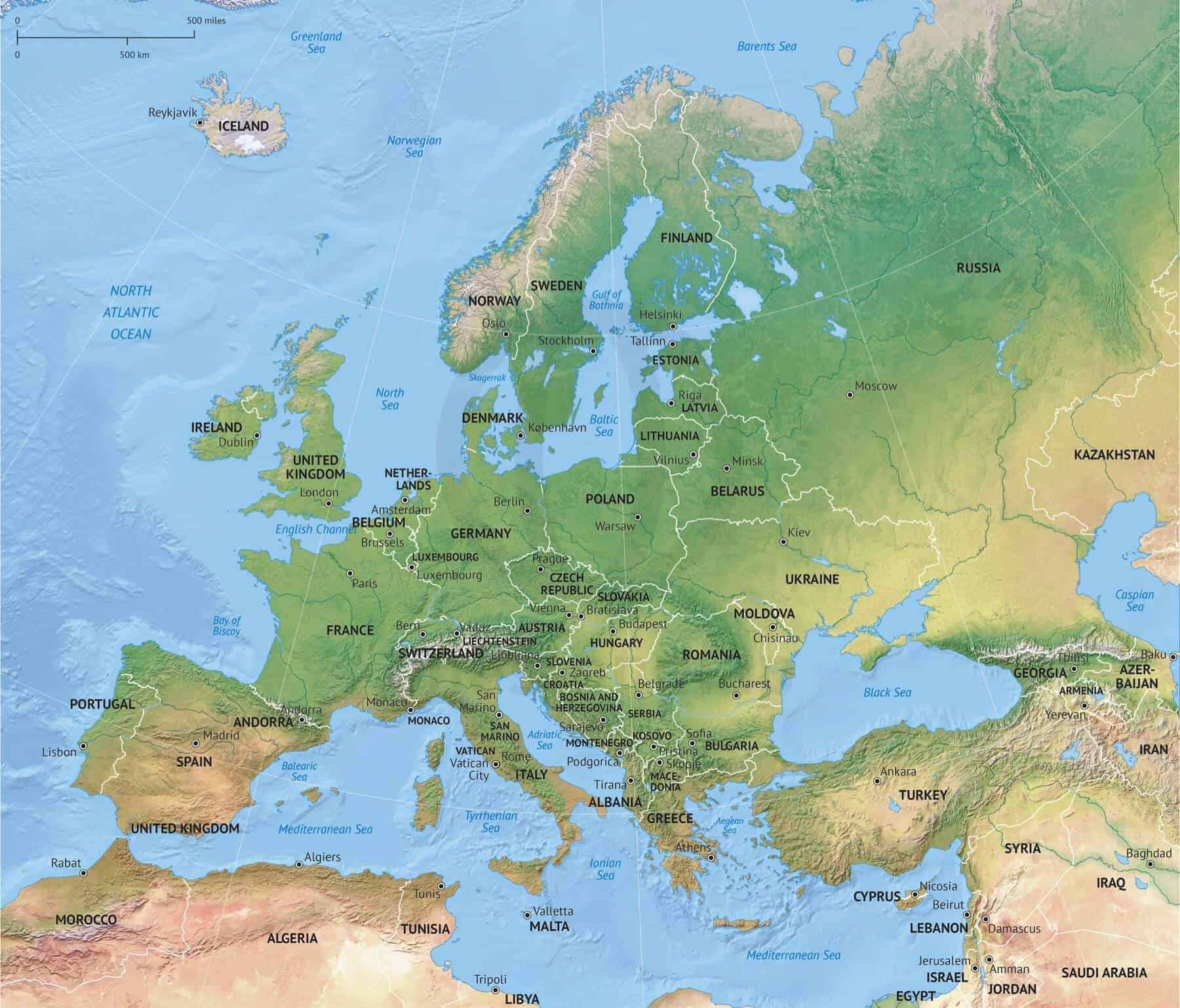 Map of Europe continent political with shaded relief.jpg