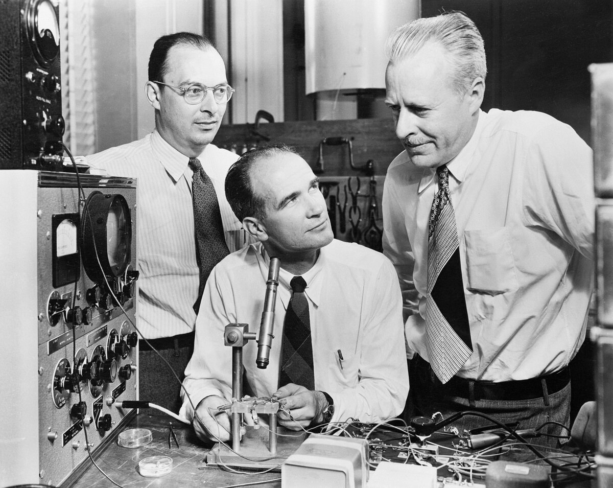 John Bardeen (left), William Shockley (center) and Walter Brattain.jpg