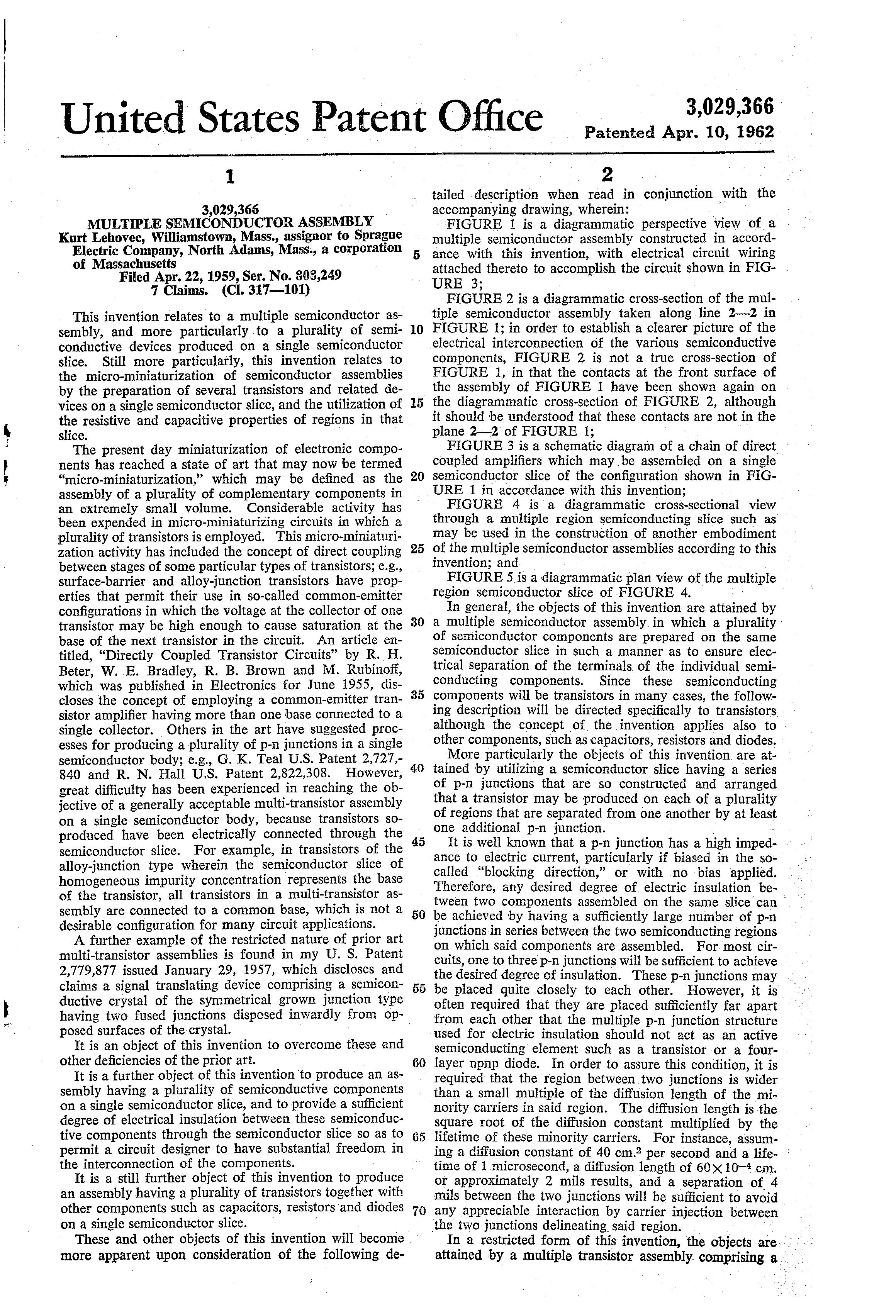 1959-04-22 Kurt Lehovec  Multiple semiconductor assembly _ uspto 3029366_.png